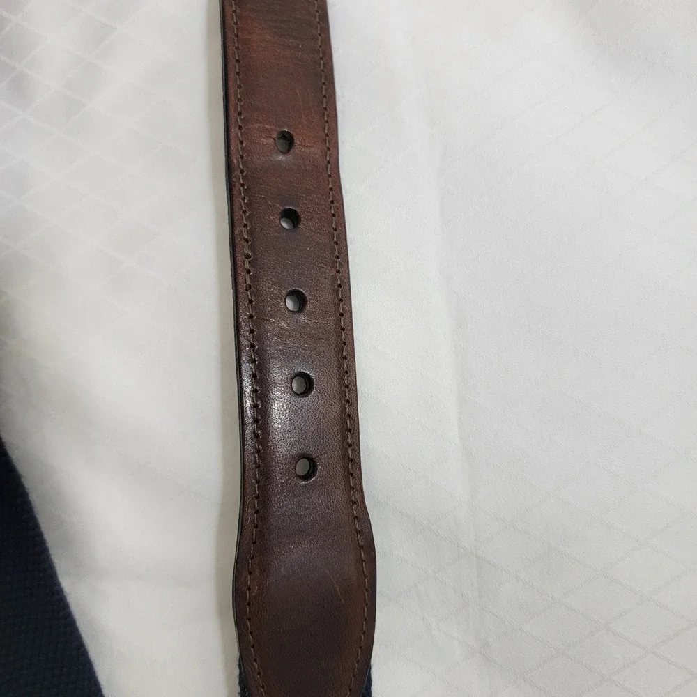 Mens Navy Blue Surcingle Canvas Leather Belt Brown Trim Solid Brass Buckle 34